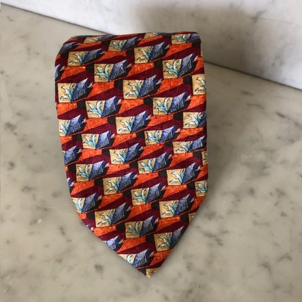 ERMENEGILDO ZEGNA Silk Leaf Geo Block Orange Blue Red Tie - Picture 5 of 15